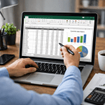 Person pointing at quarterly sales report with charts on laptop screen