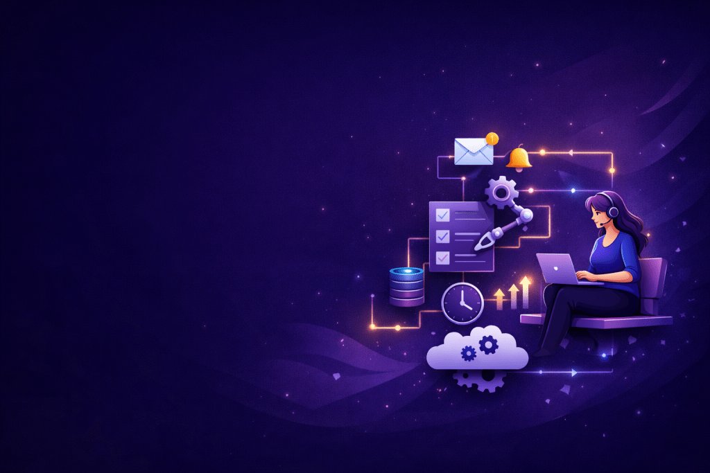 Illustration of a person with headset using a laptop surrounded by icons of gears, checklists, clock, cloud, and notifications representing workflow automation